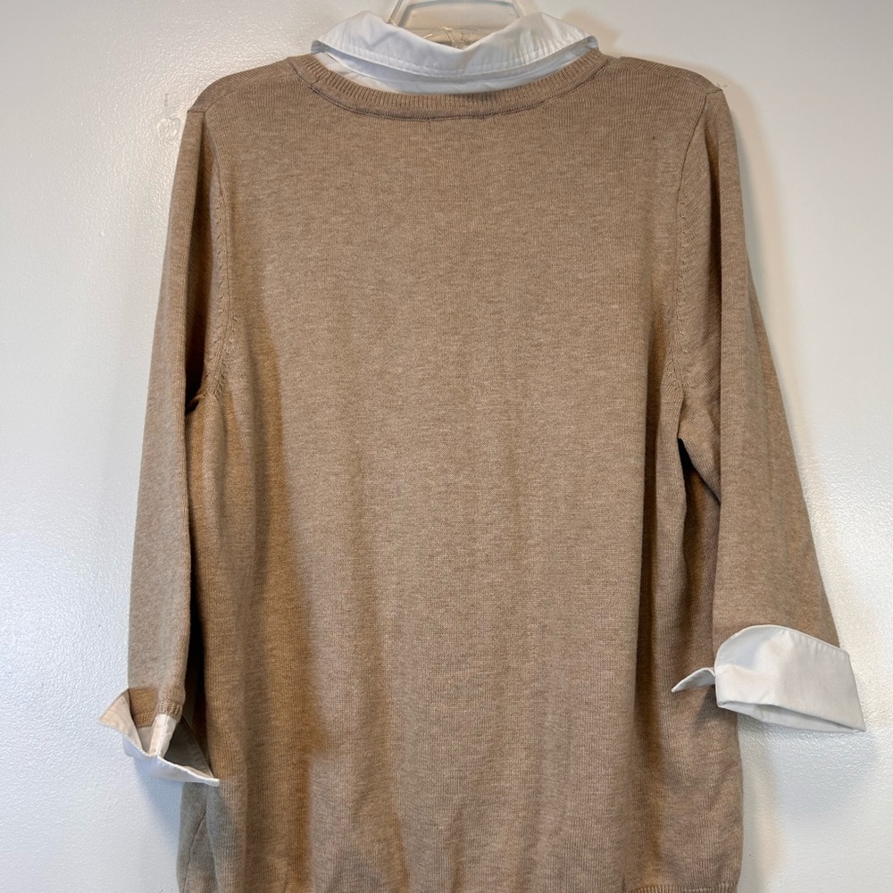 Notations Tan Owl Print Sweater Faux Collar Cuff Knit Long Sleeve Women’s 1X - Picture 4 of 7